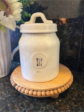 NWOT Rae Dunn White Ceramic Canister “Eat” with Utensil Design